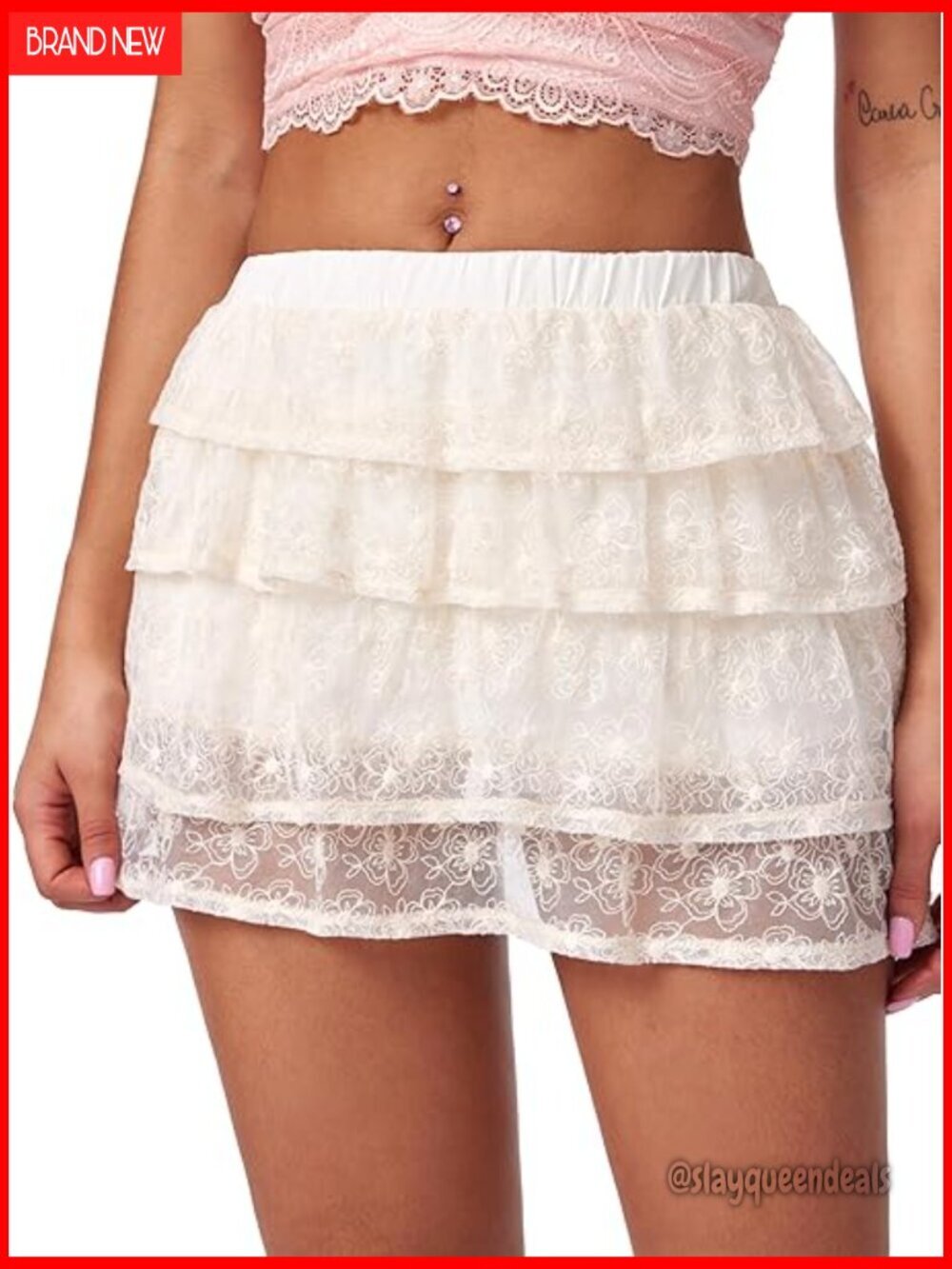 Lace Ruffle Mini Skort with Built-in Shorts, Cotton Blend, Mid Rise